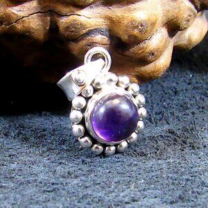 Solid 925 Sterling Silver Round Amethyst Drop Pendant - Bali Style Jewelry